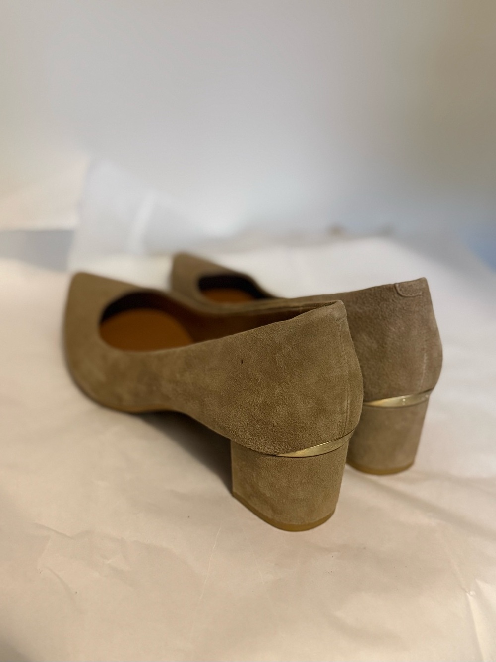 Calvin Klein Suede Block Heel Pumps in Taupe